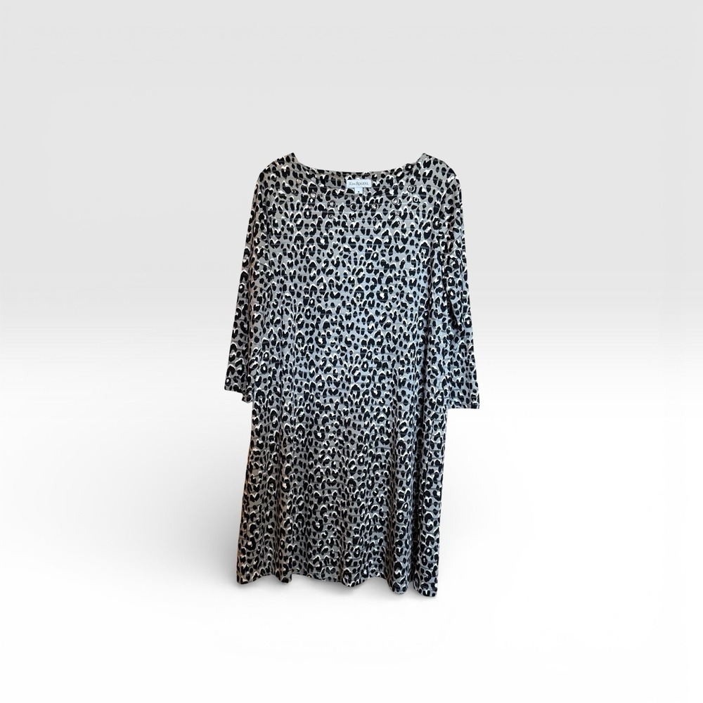 Kim‎ Rogers Leopard Print Shift Dress 3/4 Sleeve Knee Length Dress Women's M